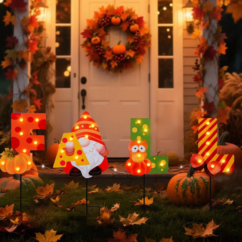 VCUTEKA Fall Yard Decor Outdoor Autumn Harvest Garden Stakes with LED Light Squirrel Gnome Letter Pumpkin Yard Sign with Stakes Fall Thanksgiving Decoration for Home Outside Lawn Garden Holiday Decor - Image 1